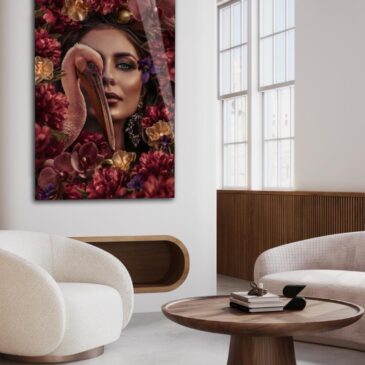 Artistic portrait of a woman with flowers and a pelican