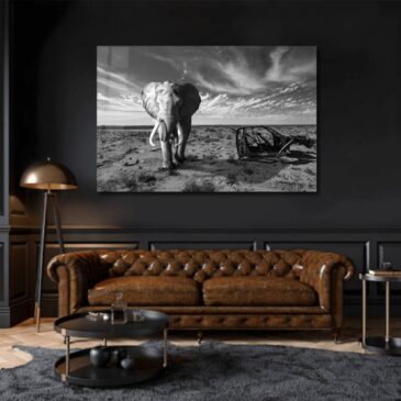Black and white wall art of elephant