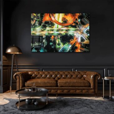 Décoration murale représentant un paysage urbain en couleurs néon