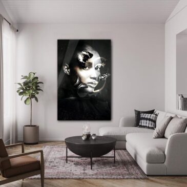 Black and white photo portrait of a woman with butterflies