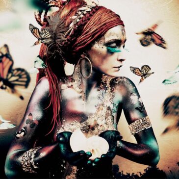 Wall decoration of a beautiful woman with butterflies