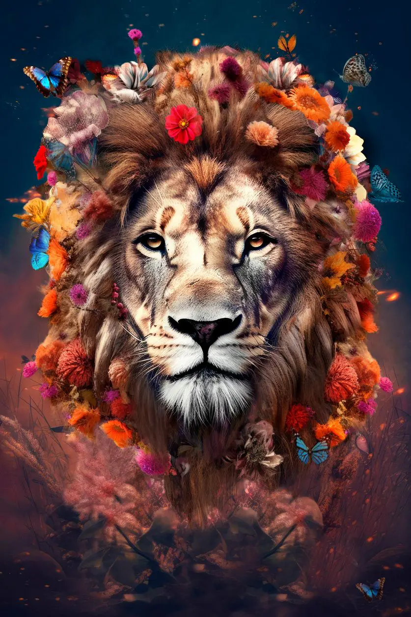 Colorida obra de arte fotográfica de un león