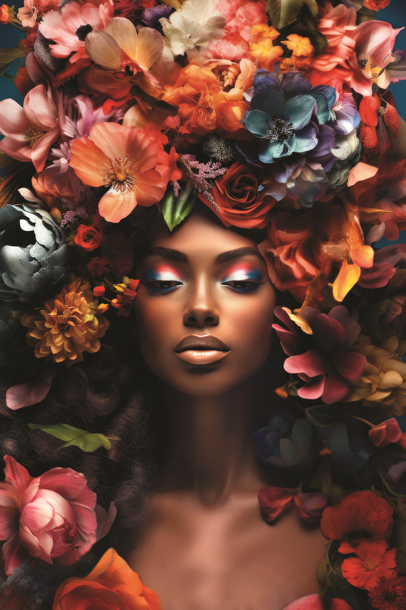 Kleurrijk schilderij van een mooie vrouw met bloemen