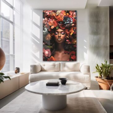 Kleurrijk schilderij van een mooie vrouw met bloemen