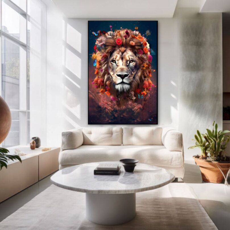 Pintura acústica de león colorido.