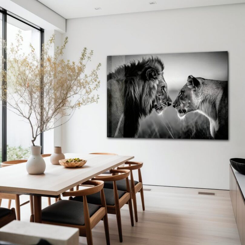 Black and white plexiglass wall art lions
