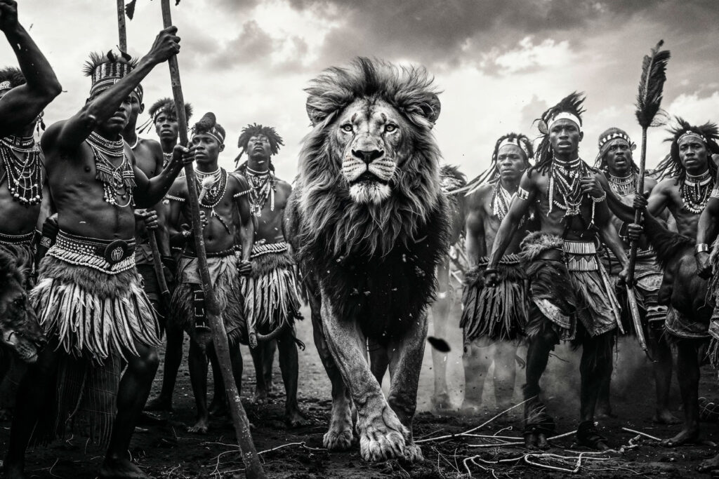 Tribal kunstfoto met majestueuze leeuw