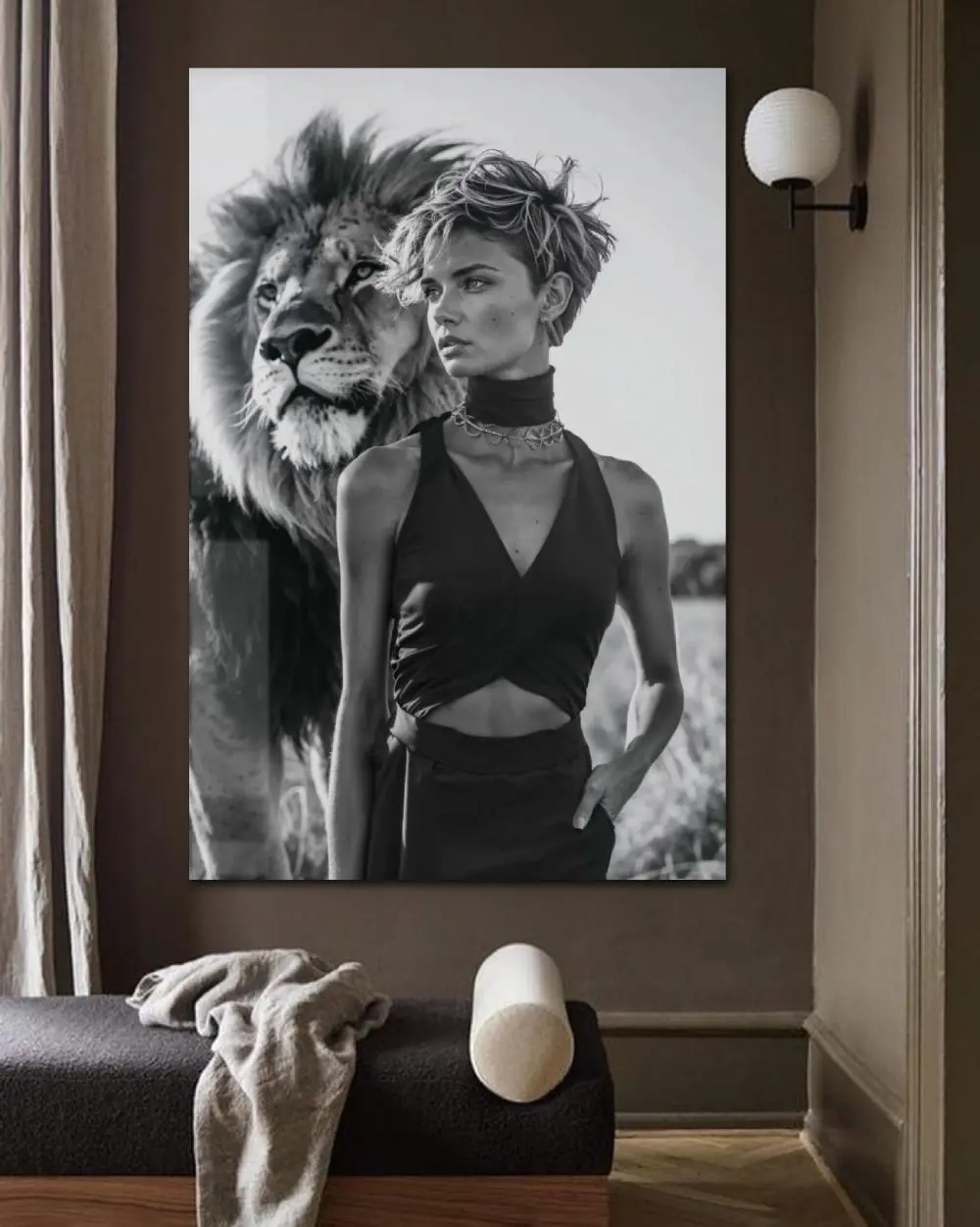 Foto de arte artístico de mujer hermosa con león