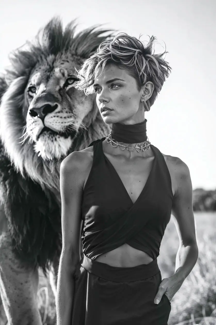 Foto de arte artístico de mujer hermosa con león