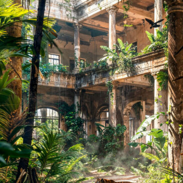 Fotografía artística de un tigre en un edificio abandonado