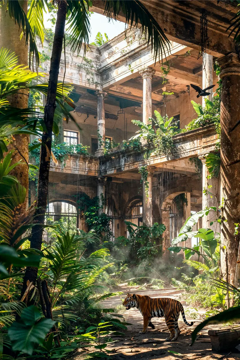 Fotokunst van tijger in verlaten gebouw