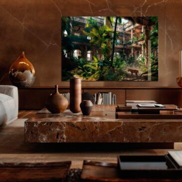 Fotografía artística de un tigre en un edificio abandonado