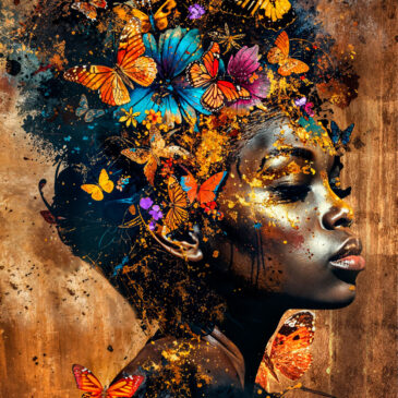 Arte de pared de la hermosa mujer africana con mariposas