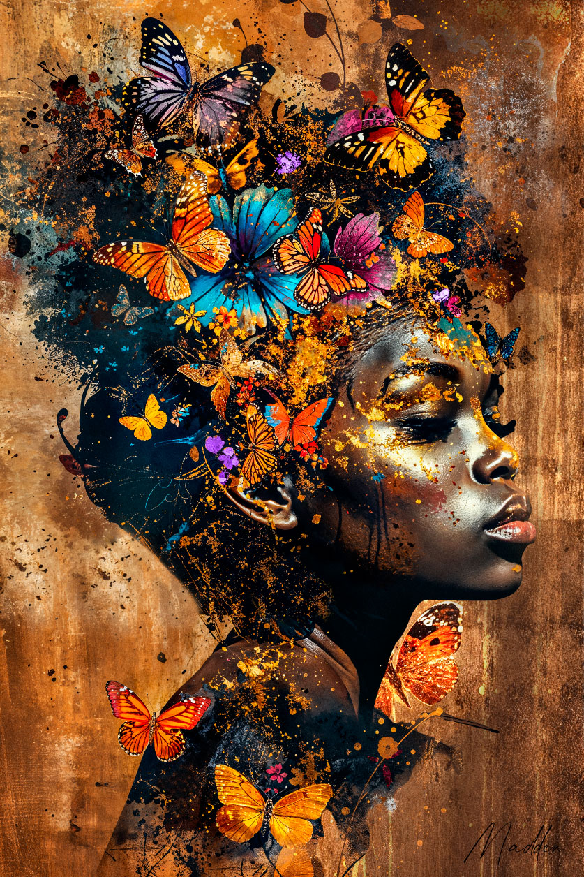 Wall art van mooie Afrikaanse vrouw met vlinders