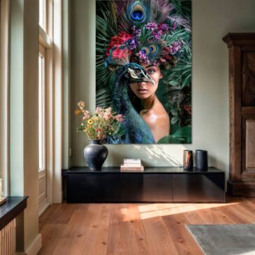 Retrato colorido de una hermosa mujer con un pavo real