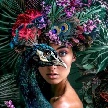 Retrato colorido de una hermosa mujer con un pavo real