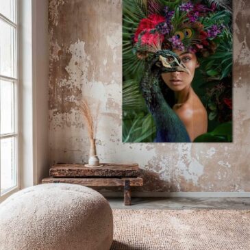 Retrato colorido de una hermosa mujer con un pavo real