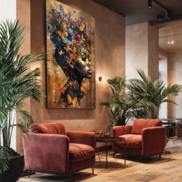 Gemälde einer afrikanischen Frau mit Schmetterlingen