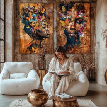 Wall art of a beautiful African woman with butterflies