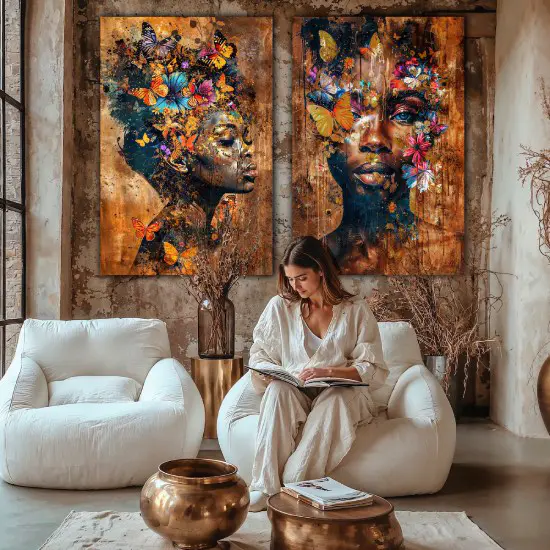 Arte de pared de la hermosa mujer africana con mariposas