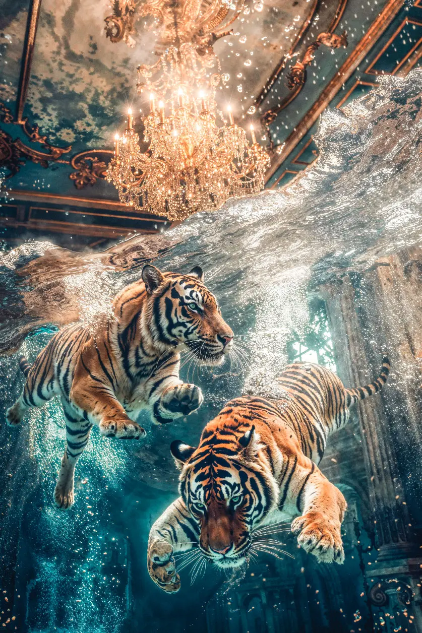 Artistic photo art of swimming tigers