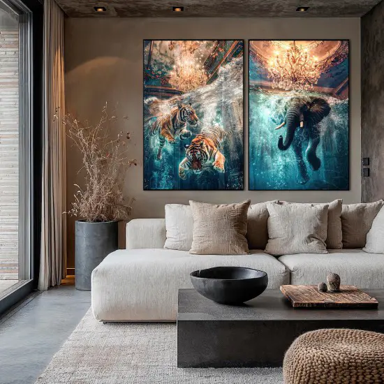 Wall art of swimming tigers and elephant