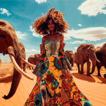Wandkunst der schönen afrikanischen Frau mit Elefanten