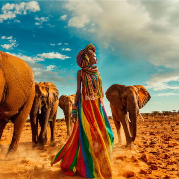 Kunstfoto der schönen Afrikanerin und Elefanten