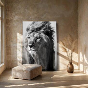 Schwarz-Weiß-Foto eines Löwen in der Wildnis