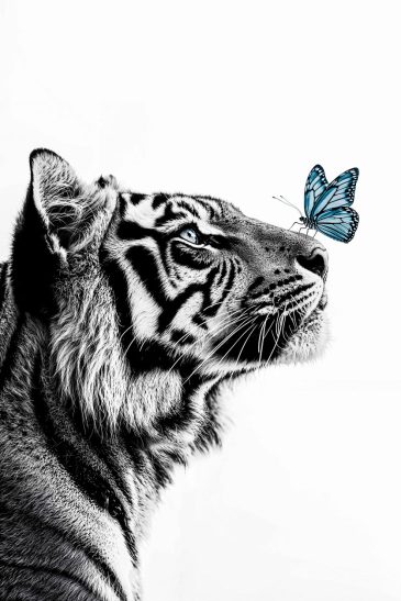 Zwart wit foto van een tijger met vlinder