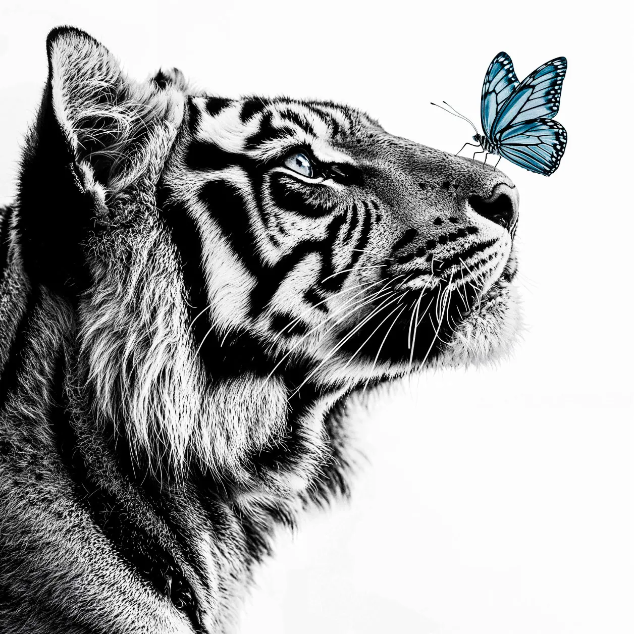 Photo noir et blanc d&#39;un tigre au papillon