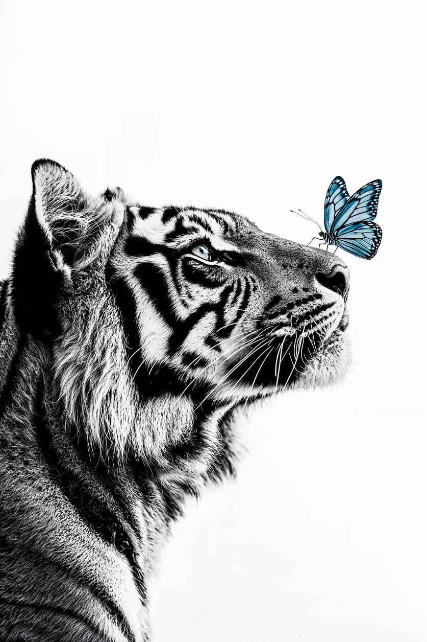 Photo noir et blanc d&#39;un tigre au papillon