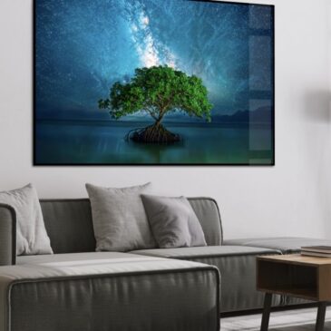 Uniek schilderij van boom onder de sterren