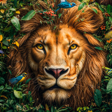 Farbenfrohes Gemälde eines Löwen in der Natur