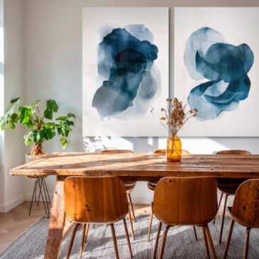 Diptychon, abstraktes blaues Gemälde mit minimalistischen organischen Formen