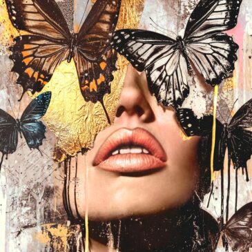 Blissful I artistiek vrouwenportret met vlinders en goudaccenten
