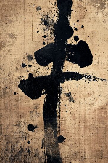 Stroke of Zen I – abstracte zwarte penseelstreek op een beige achtergrond