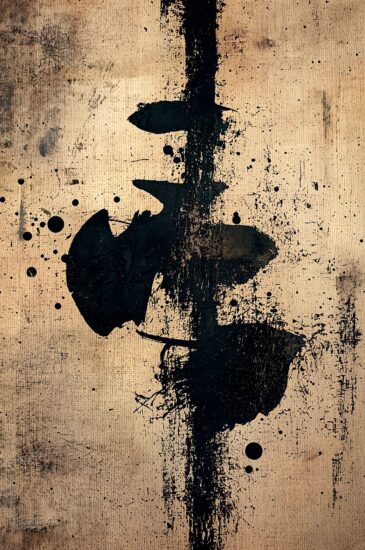 Stroke of Zen II – abstracte zwarte penseelstreek met inktspatten