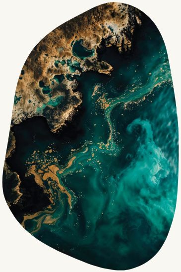 Abstract marmer schilderij gold teal organic shape met goud en turquoise luxe wanddecoratie