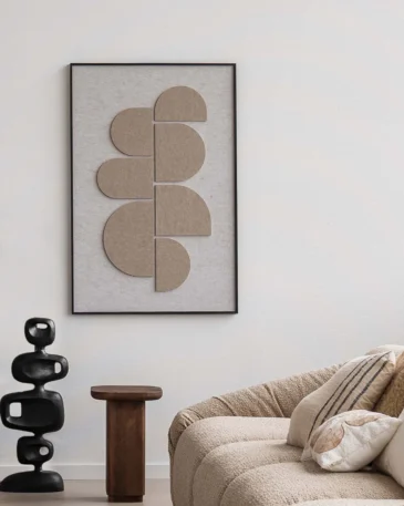 3D reliëf akoestisch schilderij met textuur in neutrale tinten en donkere lijst japandi wanddecoratie
