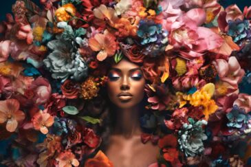 expressief vrouwenportret met bloemen als kleurrijk schilderij