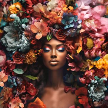 Ausdrucksstarkes Porträt einer Frau mit Blumen als farbenfrohes Gemälde