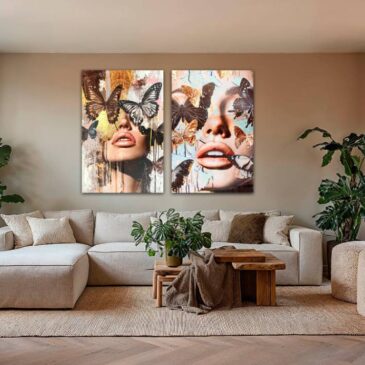 tweeluik vrouwenportret met vlinders als wanddecoratie boven bank in moderne woonkamer