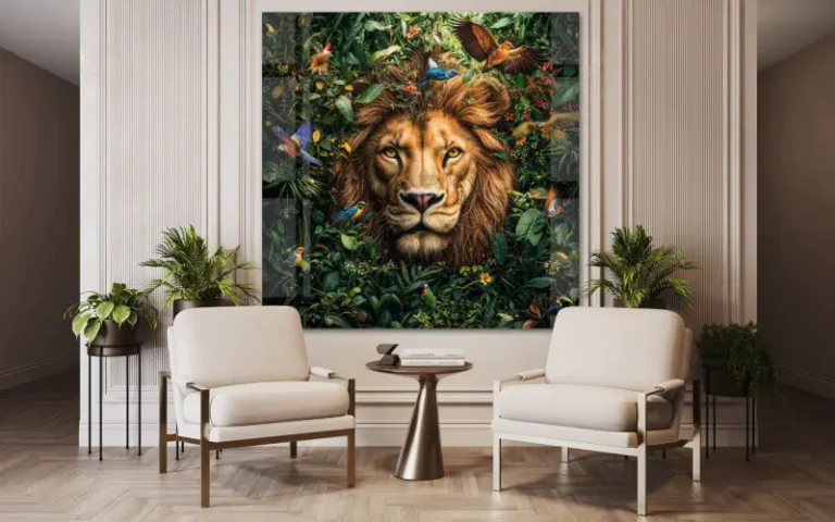 Plexiglas wanddecoratie in de woonkamer met intense kleuren en diepte voor muurkunst met een moderne, stijlvolle uitstraling