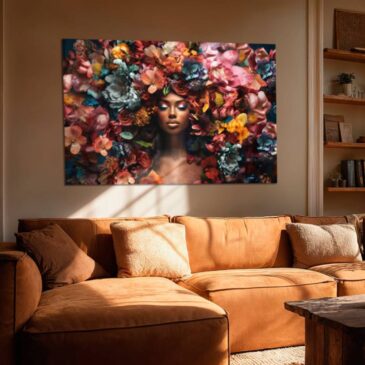 Flower Power Woman III – farbenfrohes Frauenporträt mit Blumen in einem hellen Wohnzimmer