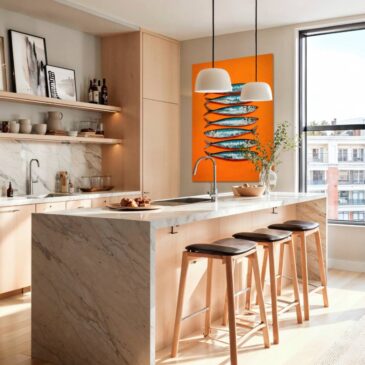 Sardines grafische muurdecoratie in stijlvolle keuken