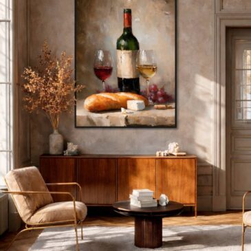Stillleben-Toast: Klassisches Stillleben-Gemälde als Wanddekoration in einem stilvollen Wohnzimmer
