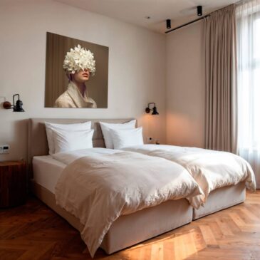 Zen I minimalistisch vrouwenportret in serene slaapkamer