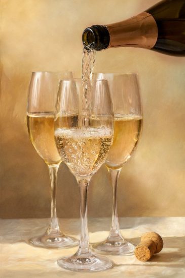 Still Life Champagne champagne stilleven schilderij met gouden tinten
