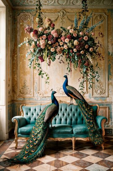 Abandoned Peacocks schilderij met pauwen in klassiek interieur luxe wanddecoratie met warme tinten